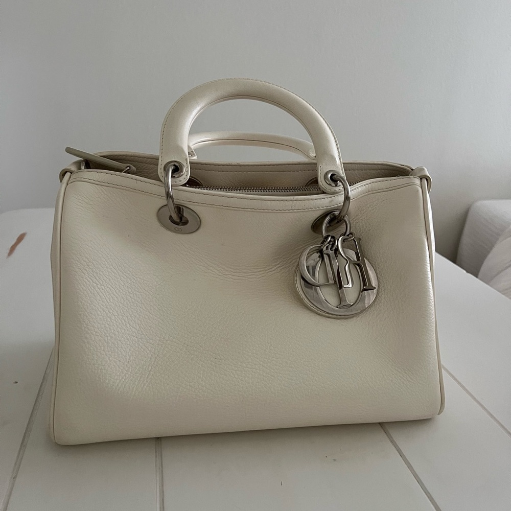 Dior Diorissimo Cream White Top Handle Bag with Silver Accents & Shoulder Strap